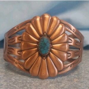 Vintage Bell Trading Post Solid Copper and Faux Turquoise Floral Cuff Bracelet